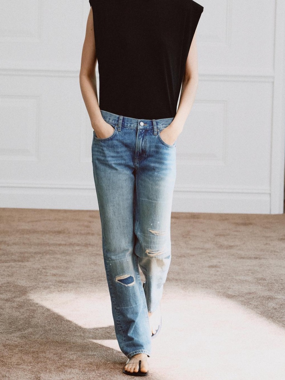 Zara ZW Collection Mid-Rise Ripped Straight Jeans